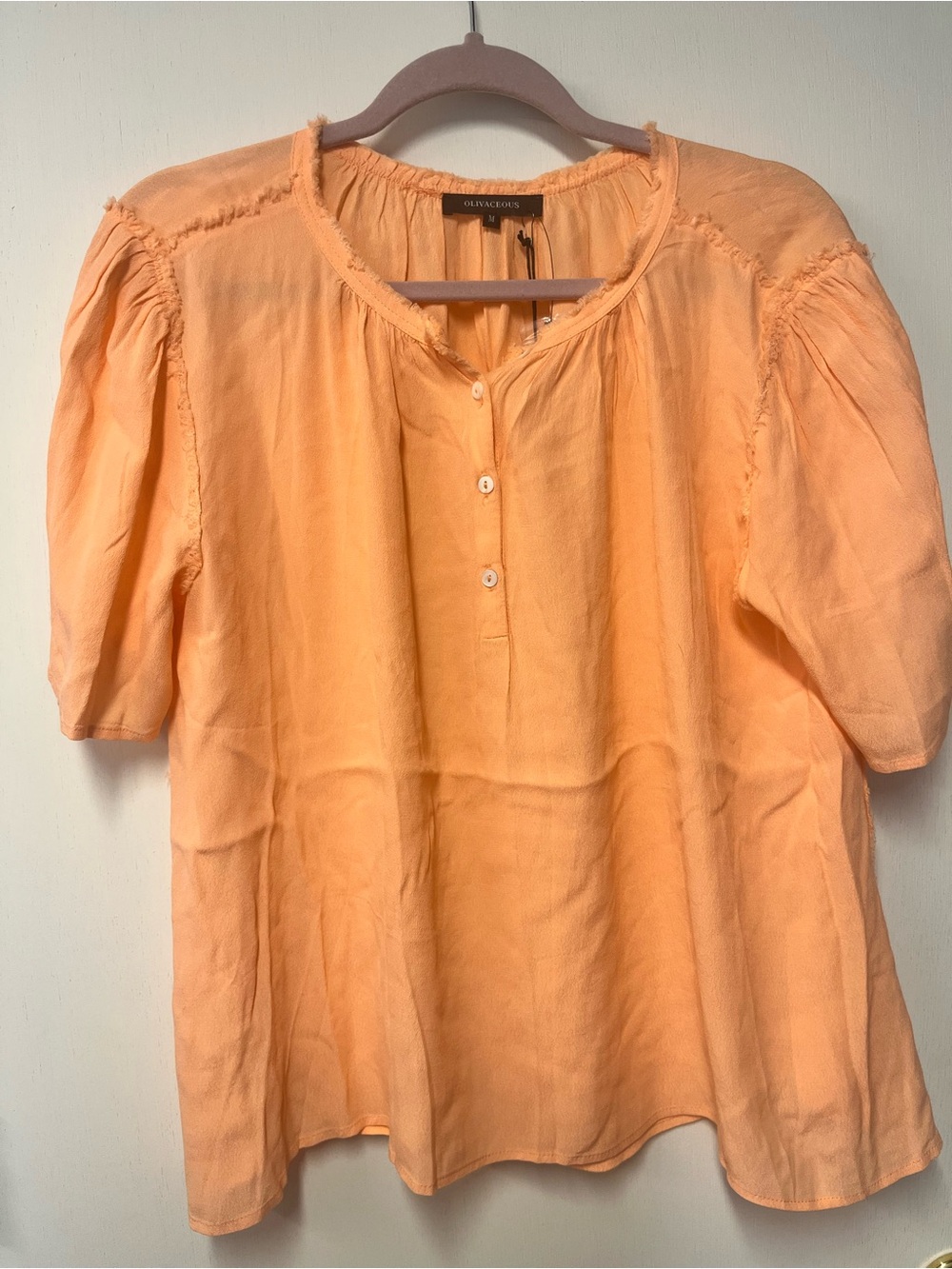 NWT Olivaceous Peach Frayed Trim Puff Sleeve Blouse